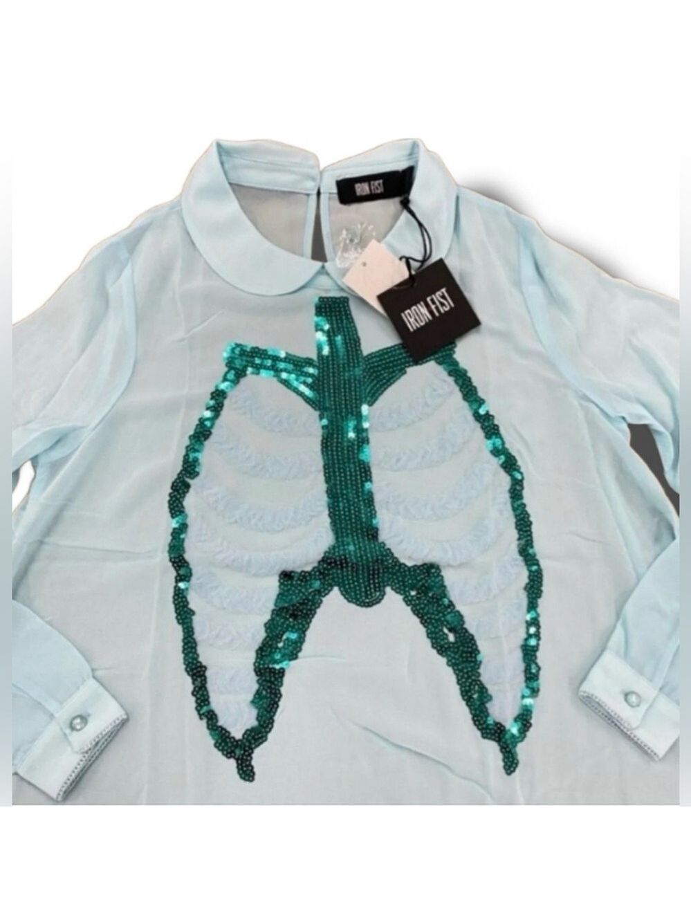 Iron Fist Dead Mermaid Walking Dress Pastel Goth Blue Sequin Rib Cage Pan Collar - Picture 12 of 14